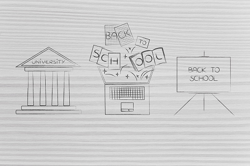 education and back to school conceptual illustration: university entrance next to whiteboard and laptop with books flying into the screen