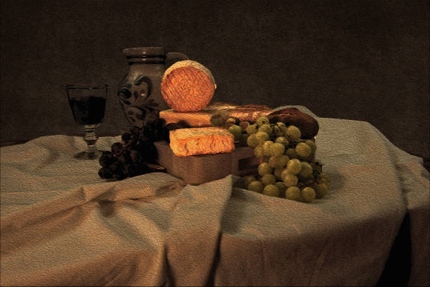 Flemish renaissance-style painting of Cheeses, Bread, Wine and Grapes