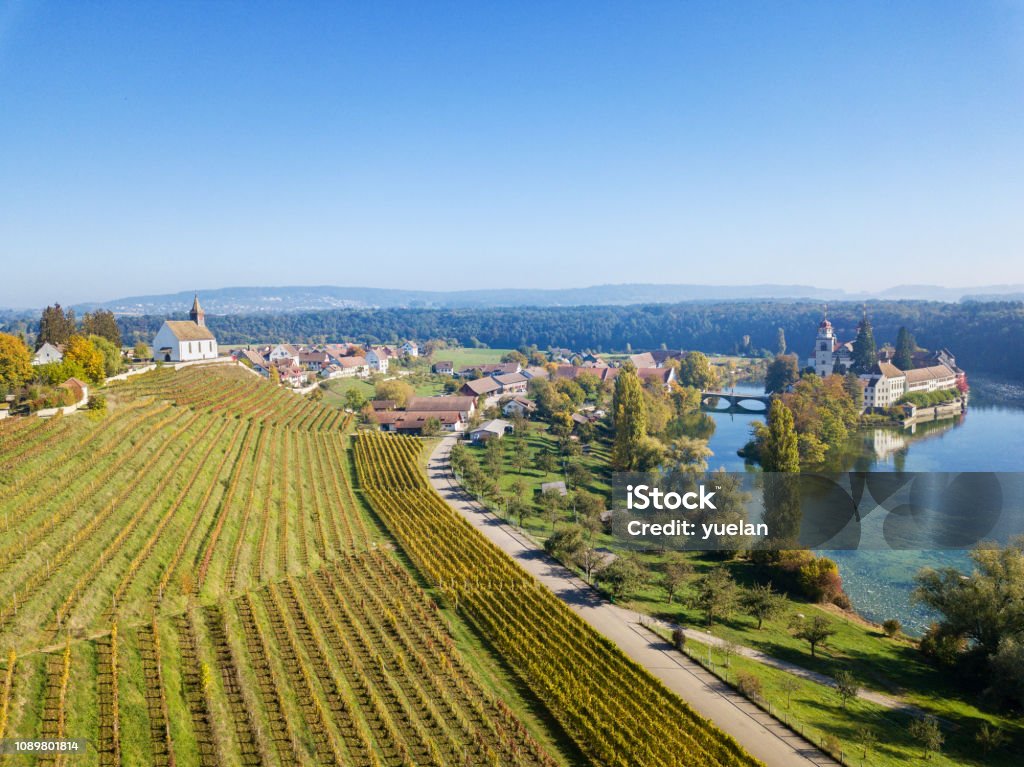 Aerial view of the Rheinau village and Abbey Islet on Rhine river, Switzerland Above Stock Photo