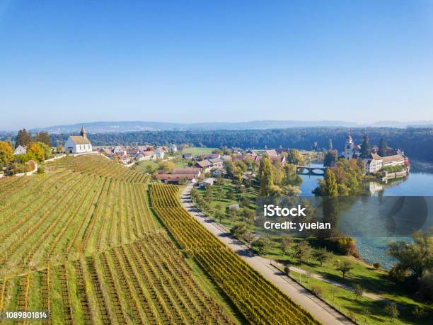 Aerial View Of The Rheinau Village And Abbey Islet On Rhine River Switzerland Stock Photo - Download Image Now
