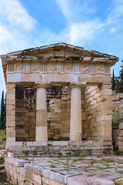 Reconstructed Athenian Treasury at Delphi first constructed by Athenians to house dedications and votive offerings to the sanctuary of Apollo