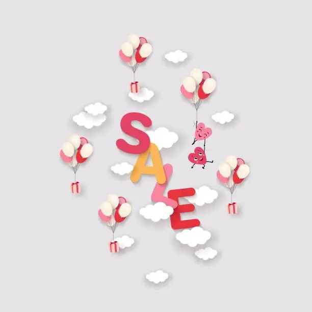 Vector illustration of Valentines Day Sale, background with cute cartoon hearts on cloud, vector