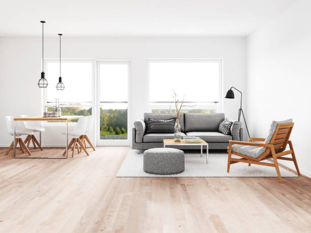 Modern living room with dining room Modern living room with dining room. Render image. wood windows stock pictures, royalty-free photos & images