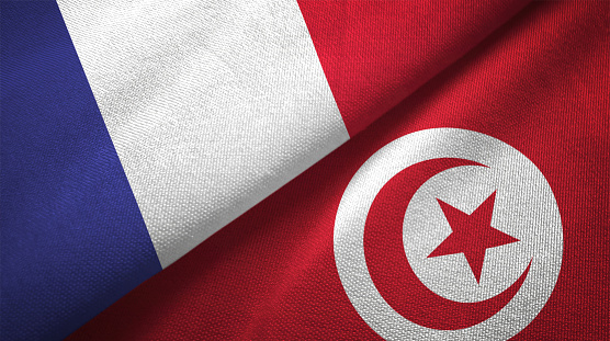 Tunisia and France flag together realtions textile cloth fabric texture