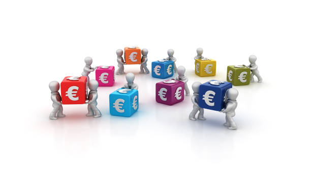 business people carrying euro buzzword cubes - 3d rendering - selling buy cube three dimensional shape imagens e fotografias de stock