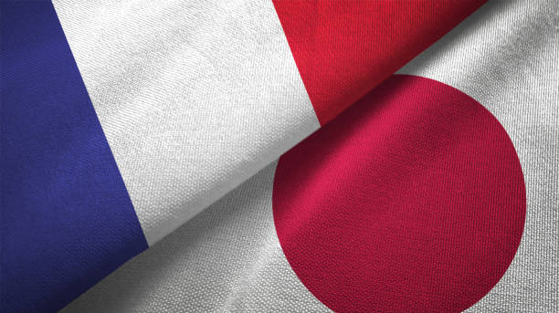 japan and france two flags together realations textile cloth fabric texture - japanese flag flag japan textile imagens e fotografias de stock