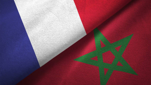 Morocco and France two flags together realations textile cloth fabric texture
