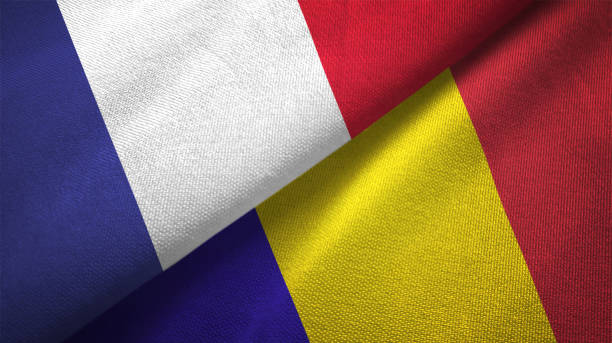 istock Romania and France two flags together realations textile cloth fabric texture 1089813028