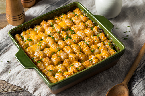Homemade Tater Tot Hotdish Casserole with Beef and Cheese