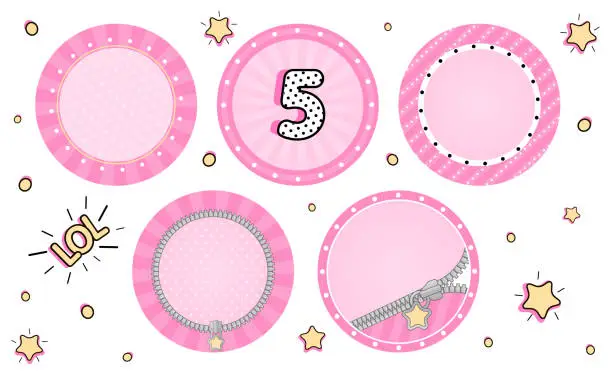 Vector illustration of Set of cute vector LOL surprise cupcake toppers. Pink party stickers.