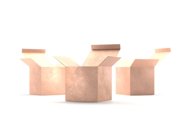 istock Open gift golden box cardboard mockup. Open carton cardboard box container package for delivery shipping. Present box isolated on white background. 3d Rendering. 1089816942