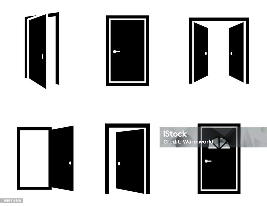 Diverse icone delle porte aperte impostate. vettore - arte vettoriale royalty-free di Porta