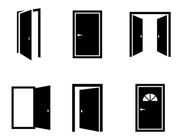 ilustrações de stock, clip art, desenhos animados e ícones de different opened doors icons set. vector - open door