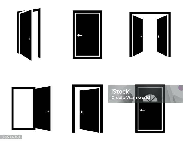 Different Opened Doors Icons Set Vector Stock Illustration - Download Image Now - Door, Icon, Open