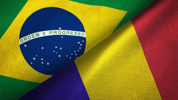 istock Romania and Brazil two flags together realations textile cloth fabric texture 1089823240