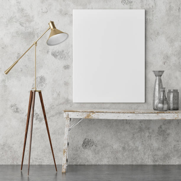 istock Mock up poster, retro interior design, lamp, old table and decoration 1089827694