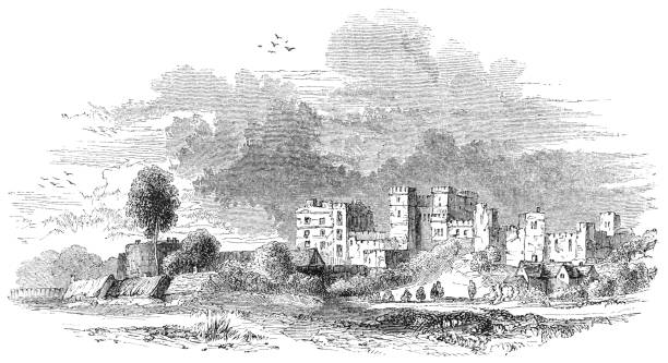 Kenilworth Castle in Kenilworth, England Kenilworth Castle at Kenilworth in Warwickshire, England from the Works of William Shakespeare. Vintage etching circa mid 19th century. kenilworth castle stock illustrations