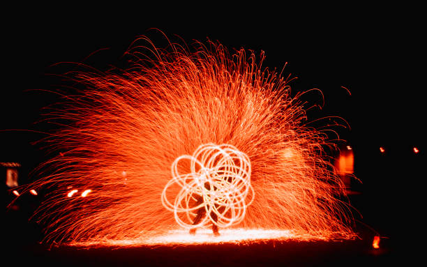 istock Fire dancing show in the night street outdoors, freeze light long exposure effect 1089835948