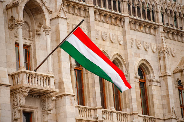 bandiera ungheria su palazzo parlamento a budapest - ungheria foto e immagini stock