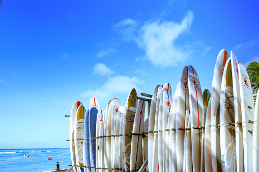 Honolulu, Hawaii - Dec 23, 2018 : Surfboards stack on the landmark Waikiki Beach
