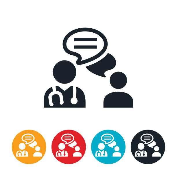 Doctor Patient Communication Icon An icon of a doctor chatting with a patient via text. The icon represents telemedicine or doctor/patient communication. patient symbols stock illustrations