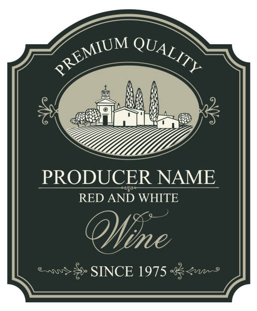 label for wine with European rural landscape Vector wine label with a landscape of the european village in retro style with a calligraphic inscription in figured frame on the black background. church borders stock illustrations