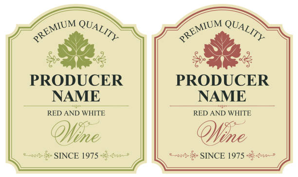 ilustraciones, imágenes clip art, dibujos animados e iconos de stock de conjunto de dos vectores etiquetas de vino con hojas de vid - vine label grape wine