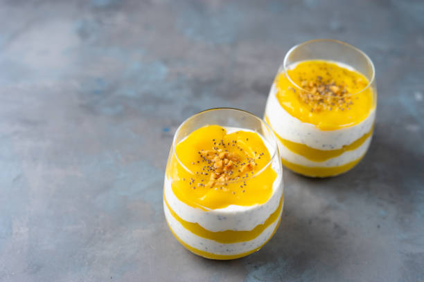 istock Mango smoothie with yogurt and nuts in two glasses 1089872344