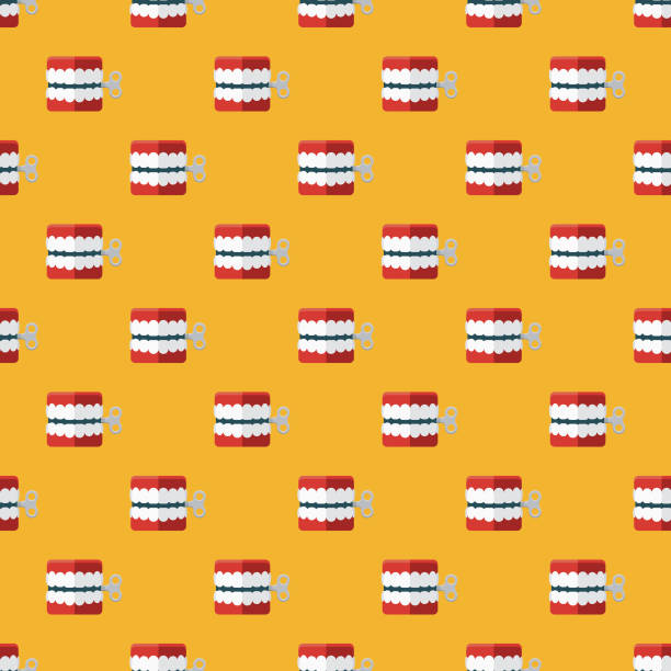 Wind-up Teeth April Fools' Day Seamless Pattern A seamless pattern created from a single flat design icon, which can be tiled on all sides. File is built in the CMYK color space for optimal printing and can easily be converted to RGB. No gradients or transparencies used, the shapes have been placed into a clipping mask. fool stock illustrations