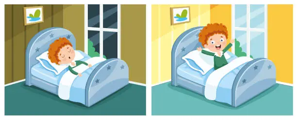 Vector illustration of Vector Illustration Of Kid Sleeping And Waking Up