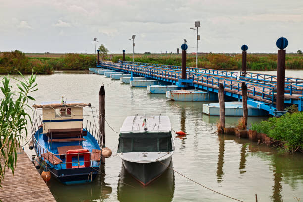 porto tolle, veneto, itália: a ponte flutuante sobre o rio no parque delta po - rovigo - fotografias e filmes do acervo