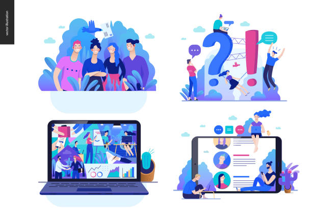 Business series - set Business series set, color 2 -modern flat vector concept illustrated topics - about the company, faq - support, office life, reviews. Creative landing web page design template talking on office phone stock illustrations