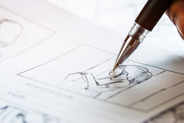 istock Storyboard moive layout for pre-production, storytelling drawing creative for process production media films. Script video editors and writing graphic organizer in form of illustrations displayed in maker shooting 1089897934