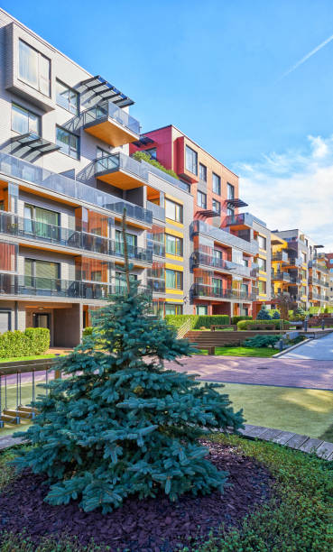 istock Fir tree and Modern complex of apartment residential buildings 1089901138