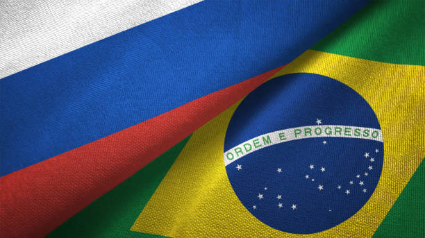 istock Brazil and Russia two flags together realations textile cloth fabric texture 1089909840