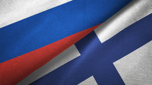 finland en rusland twee vlaggen samen realations textiel doek stof textuur - finland stockfoto's en -beelden