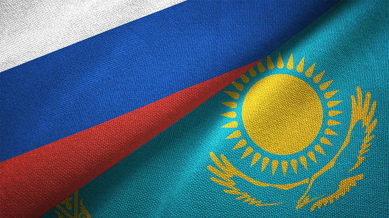 Kazakhstan and Russia flag together realtions textile cloth fabric texture