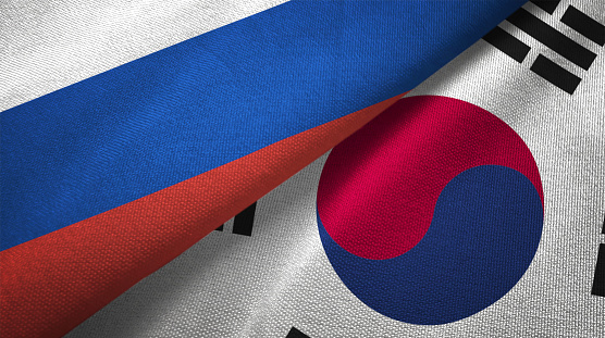 South Korea and Russia flag together realtions textile cloth fabric texture