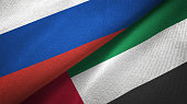 United Arab Emirates and Russia two flags together realations textile cloth fabric texture