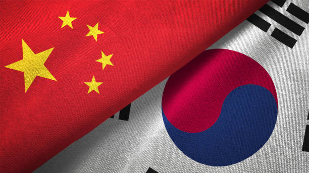 corée du sud et la chine deux drapeaux realations ensemble textile tissu tissu texture - south korea south korean flag korea flag photos et images de collection
