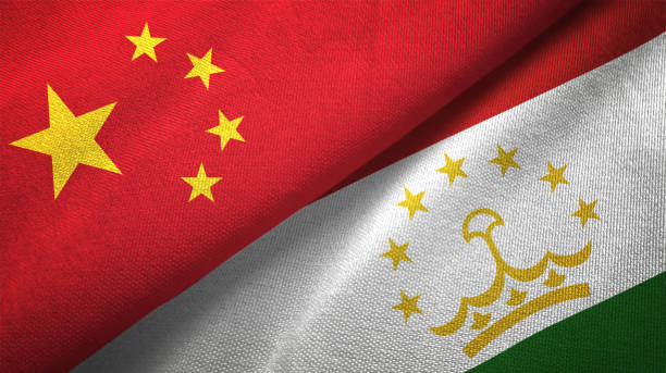 타지 키스탄, 중국 두 플래그 함께 realations 섬유 옷감 직물 질감 - tajik flag 뉴스 사진 이미지