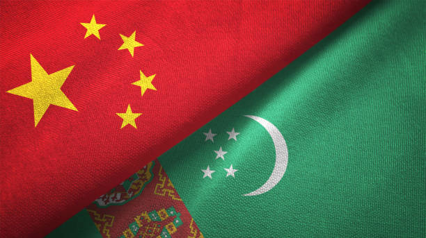 istock Turkmenistan and China two flags together realations textile cloth fabric texture 1089915312