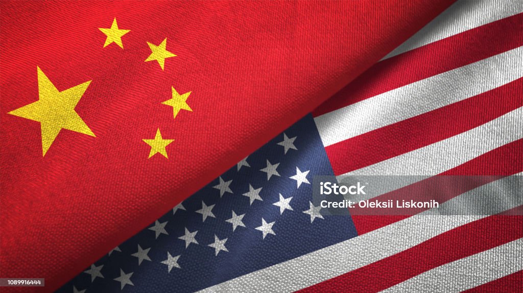 United States and China two flags together realations textile cloth fabric texture United States and China flag together realtions textile cloth fabric texture China - East Asia Stock Photo
