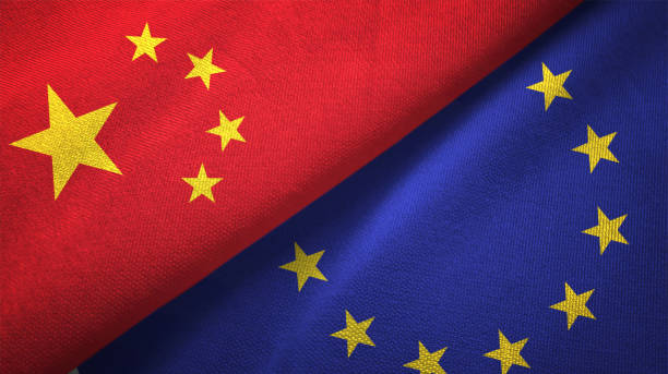 European Union and China two flags together realations textile cloth fabric texture European Union and China flag together realtions textile cloth fabric texture european union flag photos stock pictures, royalty-free photos & images