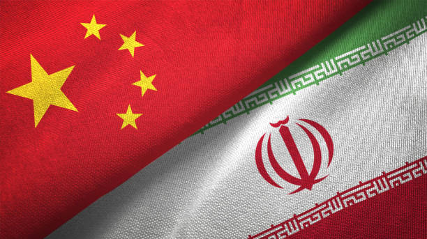 이란과 중국 두 플래그 함께 realations 섬유 옷감 직물 질감 - iran 뉴스 사진 이미지