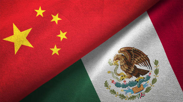 messico e cina due bandiere insieme realizzano texture tessuto tessuto - flag mexican flag mexico textured foto e immagini stock