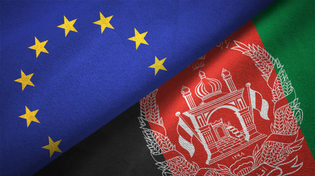 istock Afghanistan and European Union two flags together realations textile cloth fabric texture 1089919924