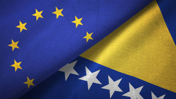 Bosnia and Herzegovina and European Union two flags together realations textile cloth fabric texture Bosnia and Herzegovina and European Union flag together realtions textile cloth fabric texture bosnia and herzegovina stock pictures, royalty-free photos & images