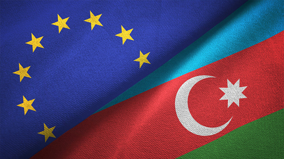 Azerbaiyán y la Unión Europea dos banderas juntos relaciones textil tela textura de la tela photo