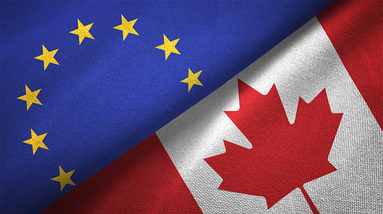 Canada and European Union flag together realtions textile cloth fabric texture